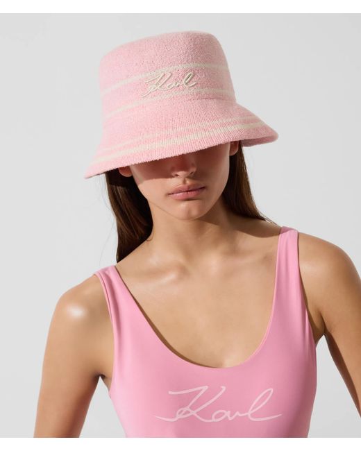 Karl Lagerfeld Pink Signature Knit Bucket Hat