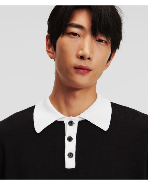 Karl Lagerfeld Black Knitted Long-sleeved Polo Shirt for men