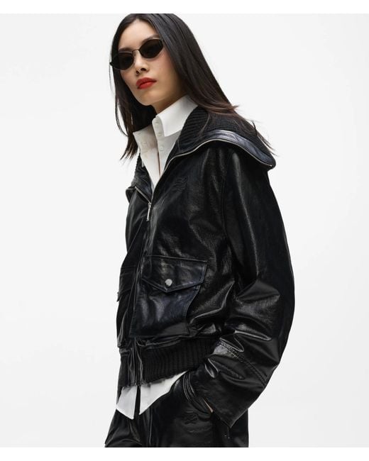 Karl Lagerfeld Black Knitted Collar Leather Jacket