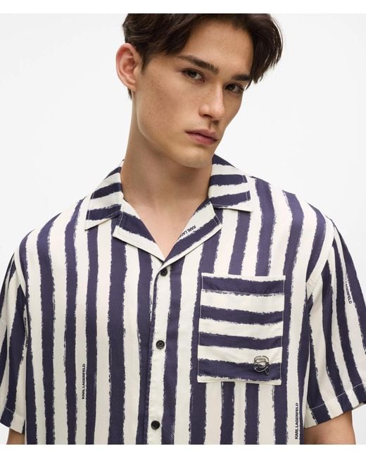 Karl Lagerfeld White Ikon Short-Sleeved Striped Bowling Shirt for men