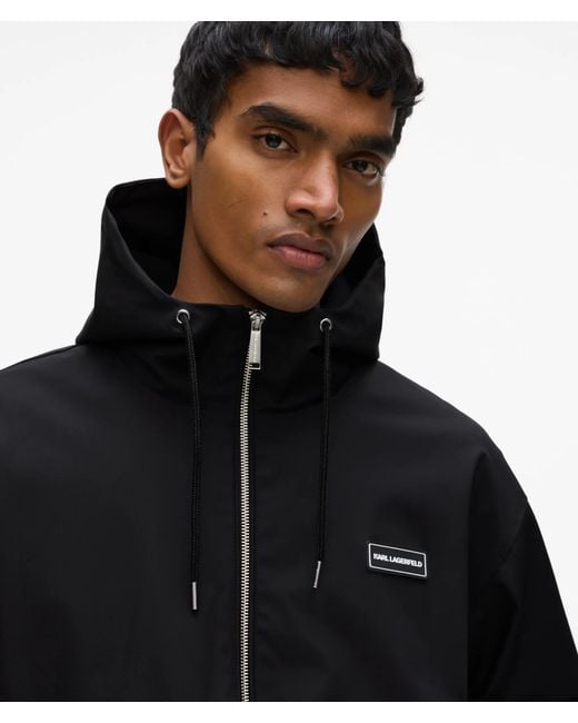 Karl Lagerfeld Black Hooded Logo Patch Zip-Up Jacket for men