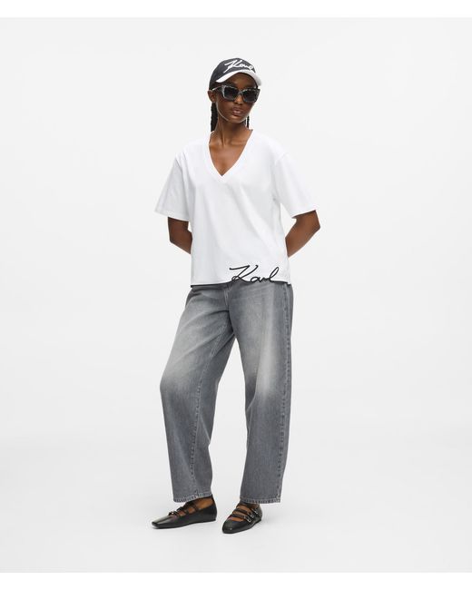 Karl Lagerfeld White T-Shirt Mit V-Ausschnitt Und Signature-Saum, Damen, Größe