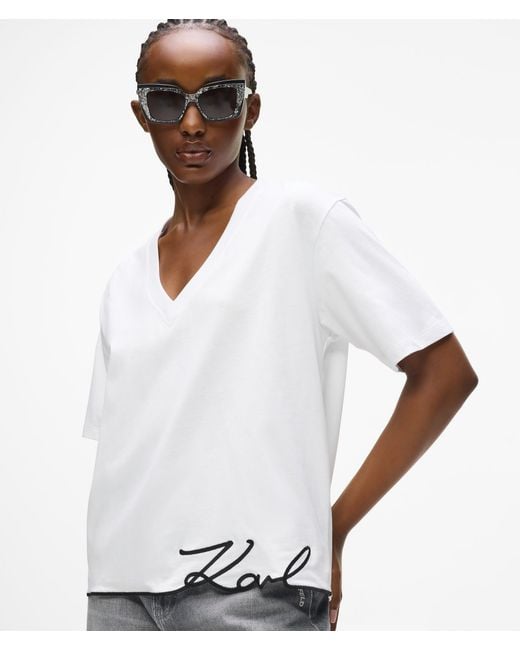 Karl Lagerfeld White T-Shirt Mit V-Ausschnitt Und Signature-Saum, Damen, Größe