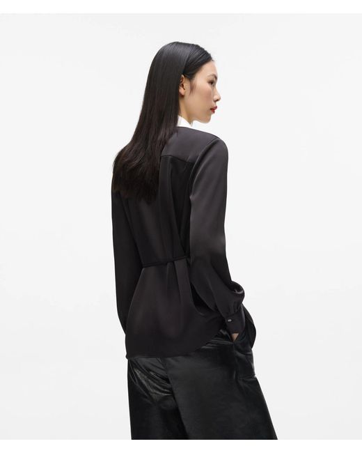 Karl Lagerfeld Black Satin-Finish Wrap Blouse