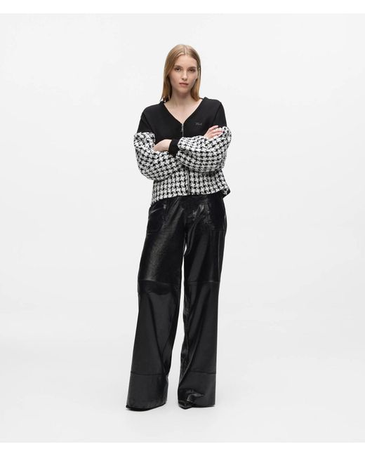 Karl Lagerfeld Black Houndstooth Panel Zip-Up Sweatshirt
