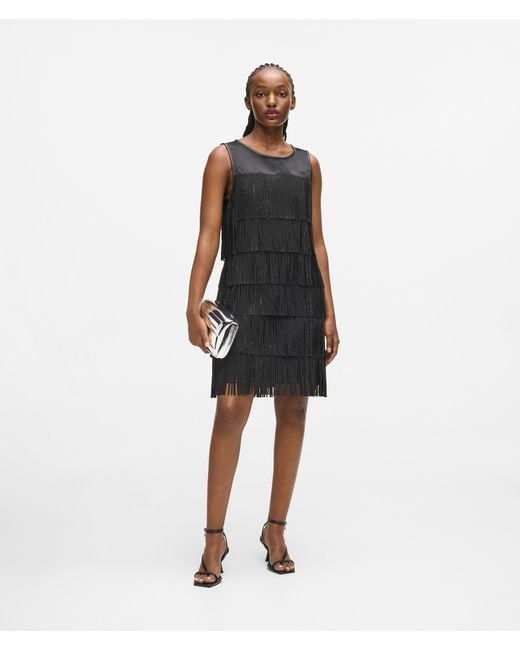 Karl Lagerfeld Black Faux Leather Fringe Dress