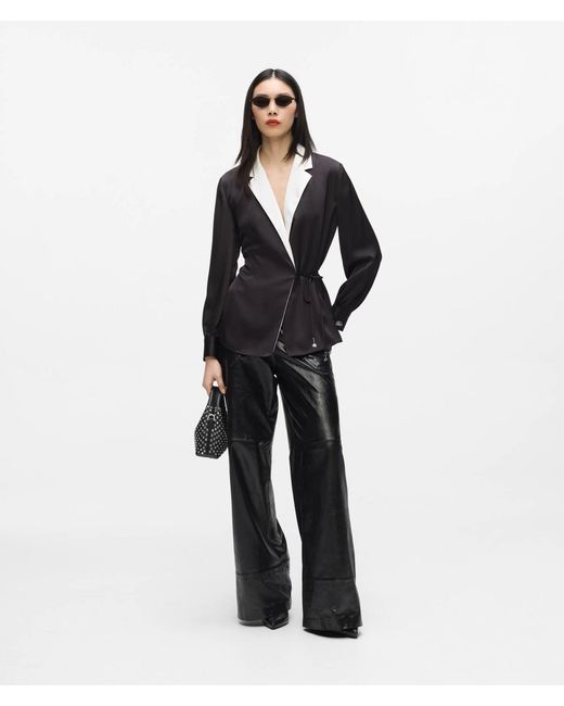 Karl Lagerfeld Black Satin-Finish Wrap Blouse