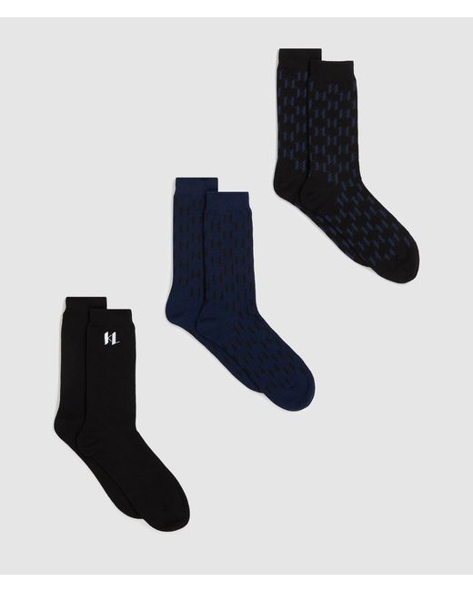 Karl Lagerfeld Blue Monogram Socks – 3-Pack, Multicoloured for men