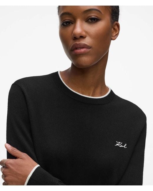 Karl Lagerfeld Black Merino Wool Crewneck Sweater