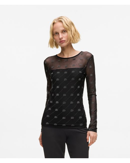 Karl Lagerfeld Black Rhinestone Autograph Mesh Top