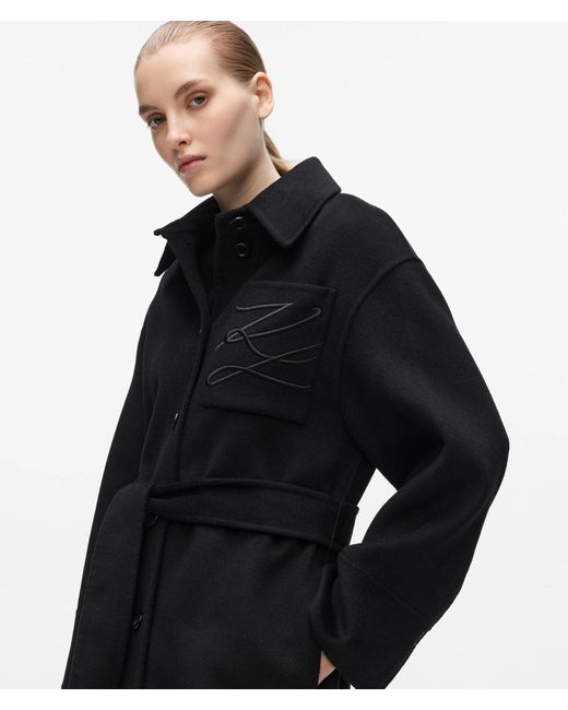 Karl Lagerfeld Black Belted Long Wool-Blend Coat