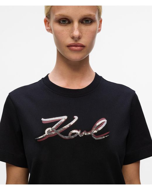 Karl Lagerfeld Black T-Shirt Mit Signatur Aus Pailletten, Damen, Größe