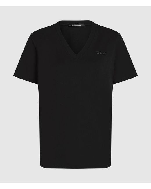 Karl Lagerfeld Black Signature T-Shirt Mit V-Ausschnitt, Damen, Größe