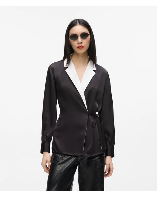 Karl Lagerfeld Black Satin-Finish Wrap Blouse