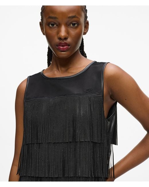 Karl Lagerfeld Black Faux Leather Fringe Dress