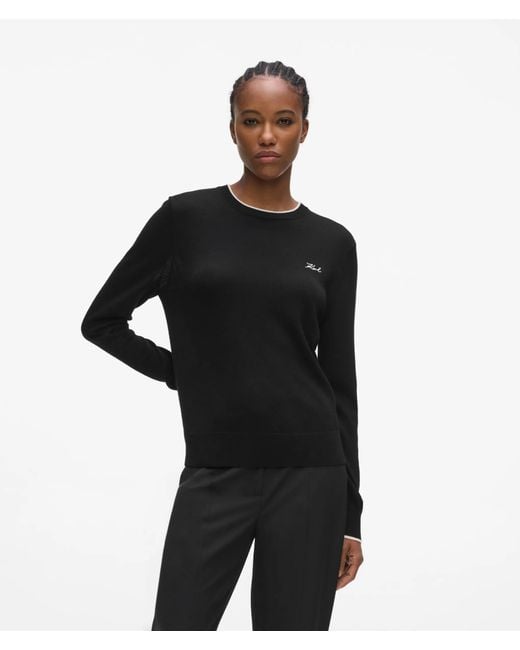 Karl Lagerfeld Black Merino Wool Crewneck Sweater