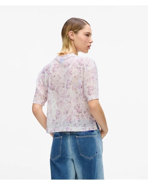KL Jeans White Short-Sleeved Floral Mesh T-Shirt