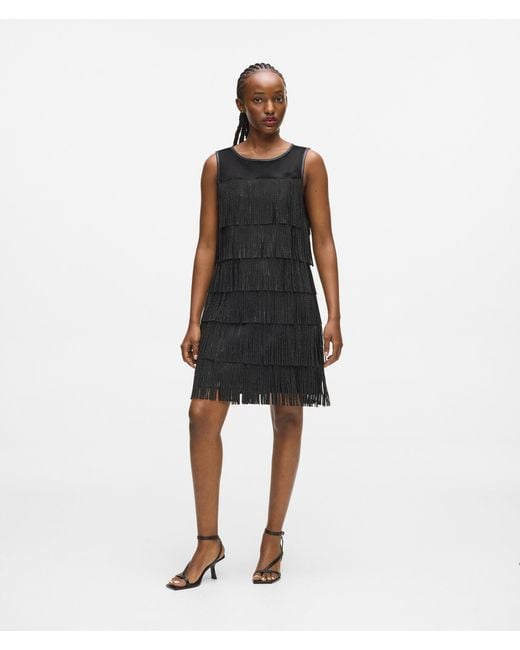 Karl Lagerfeld Black Faux Leather Fringe Dress