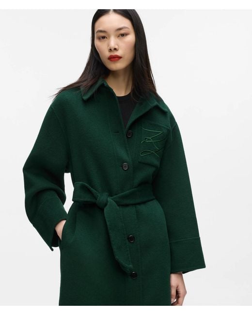 Karl Lagerfeld Green Belted Long Wool-Blend Coat