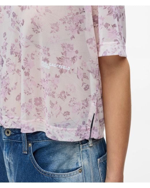 KL Jeans White Short-Sleeved Floral Mesh T-Shirt