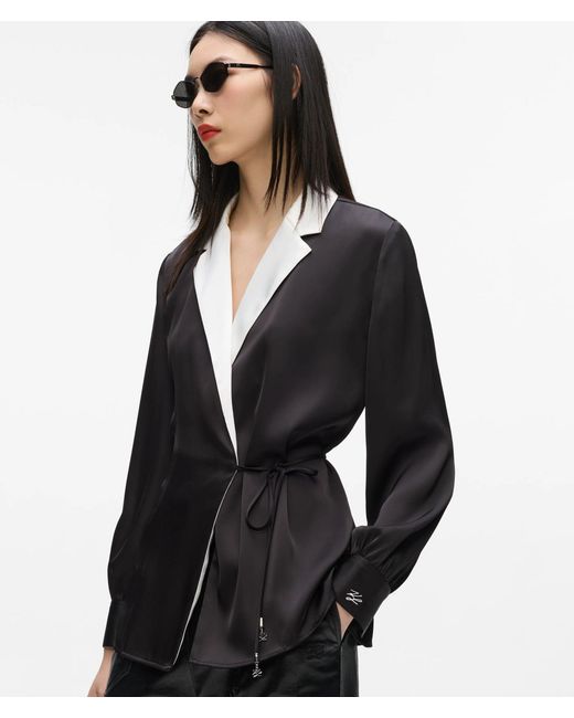 Karl Lagerfeld Black Satin-Finish Wrap Blouse