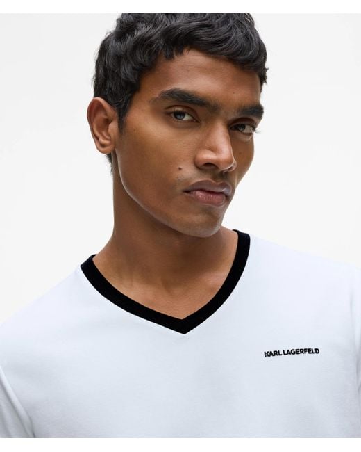 Karl Lagerfeld White Contrast V-Neck T-Shirt for men