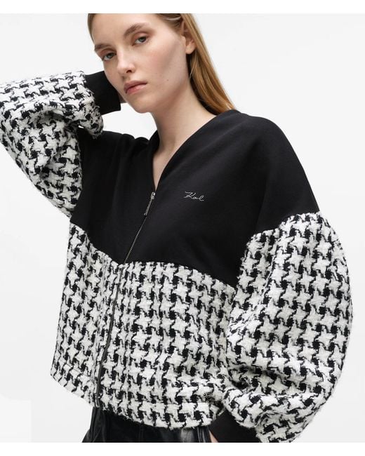 Karl Lagerfeld Black Houndstooth Panel Zip-Up Sweatshirt