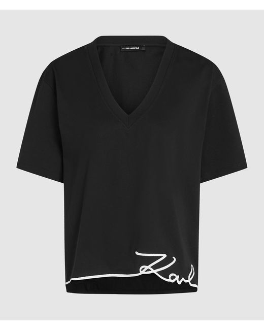 Karl Lagerfeld Black T-Shirt Mit V-Ausschnitt Und Signature-Saum, Damen, Größe