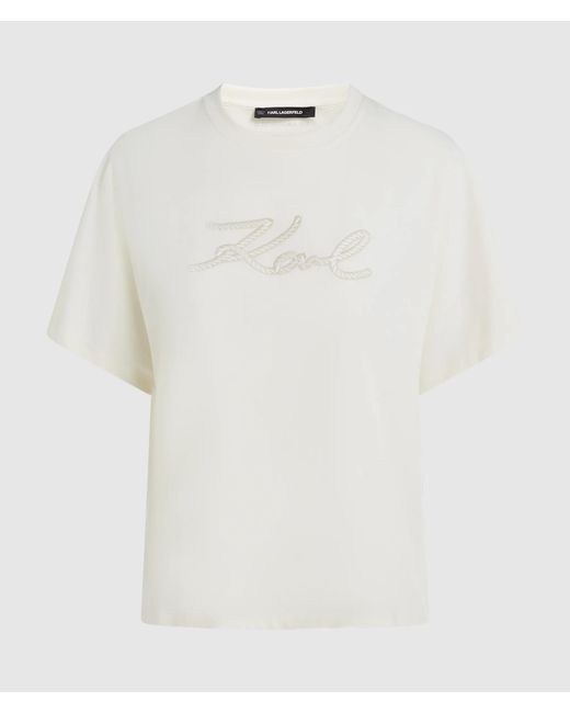 Karl Lagerfeld White Signature T-Shirt Mit Seilapplikation, Damen, Größe