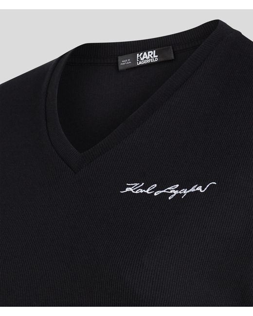 Karl Lagerfeld Black Rib-knit V-neck T-shirt