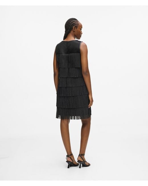 Karl Lagerfeld Black Faux Leather Fringe Dress