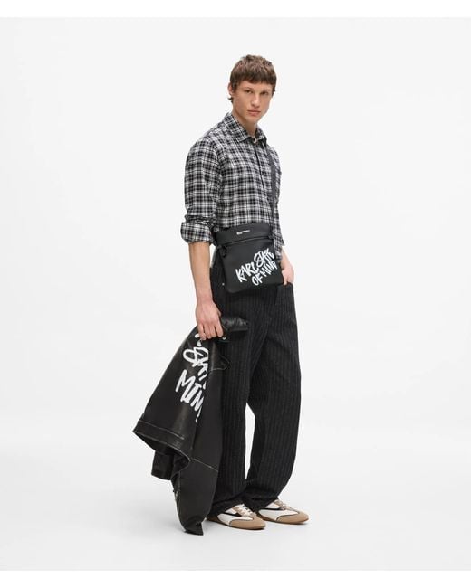 KL Jeans Black Coated Karl Quote Flat Crossbody Bag for men