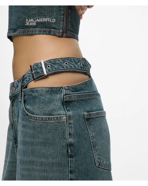 KL Jeans Blue Buckle-Detail Low-Rise Wide Jeans