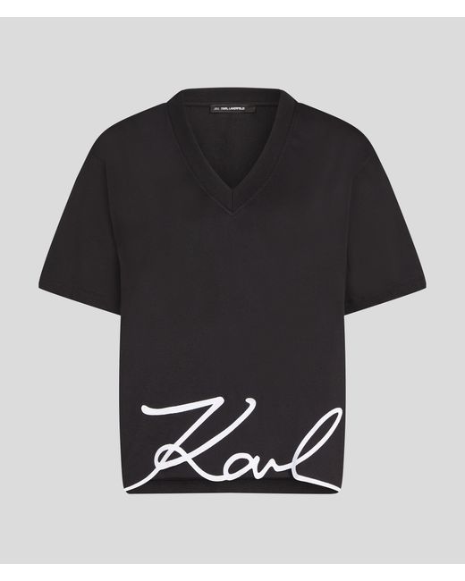 Karl Lagerfeld Black Signature T-Shirt Mit V-Ausschnitt, Damen, Größe