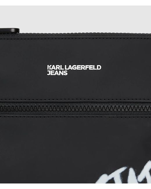 KL Jeans Black Coated Karl Quote Flat Crossbody Bag for men