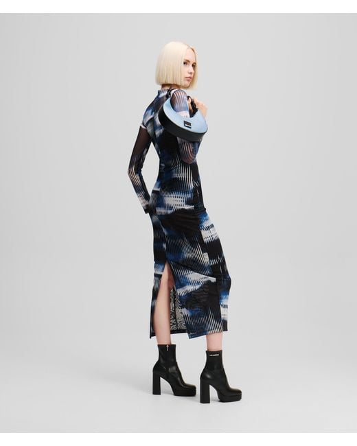 Karl Lagerfeld Blue Glitch-print Mesh Dress