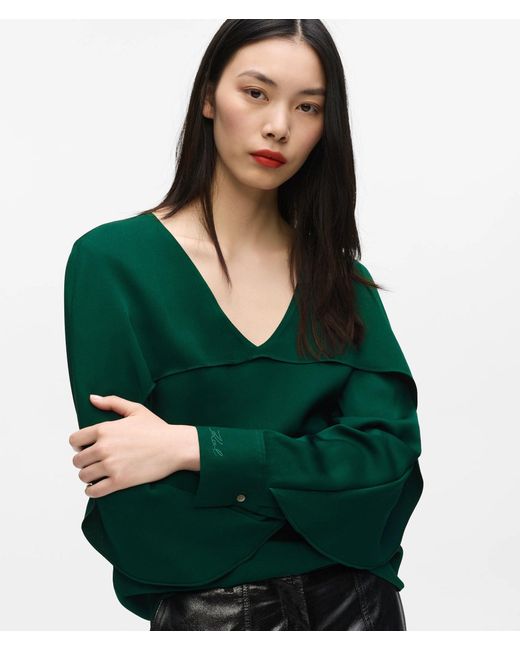 Karl Lagerfeld Green V-Neck Flounce Blouse