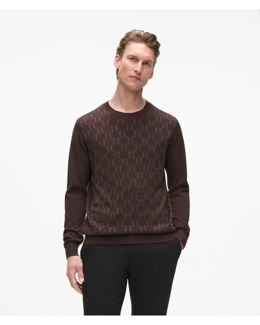 Karl Lagerfeld Brown Monogram Textured Crew Neck Sweater for men