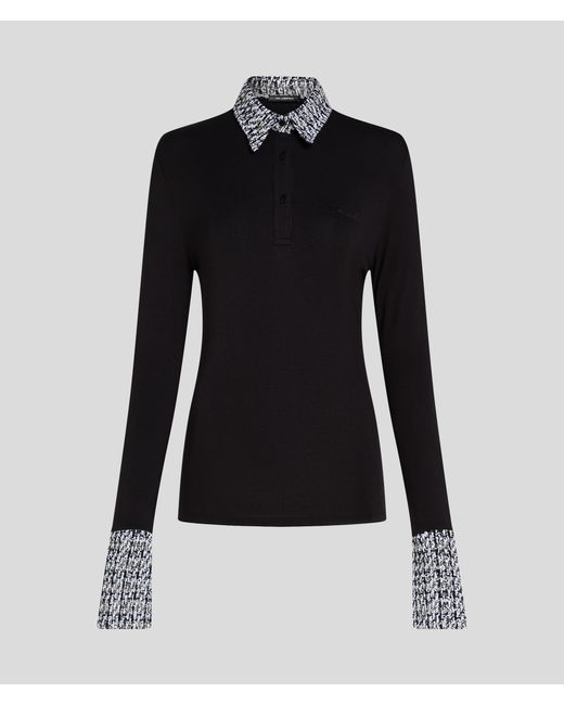 Karl Lagerfeld Black Long-sleeved Bouclé Polo Shirt