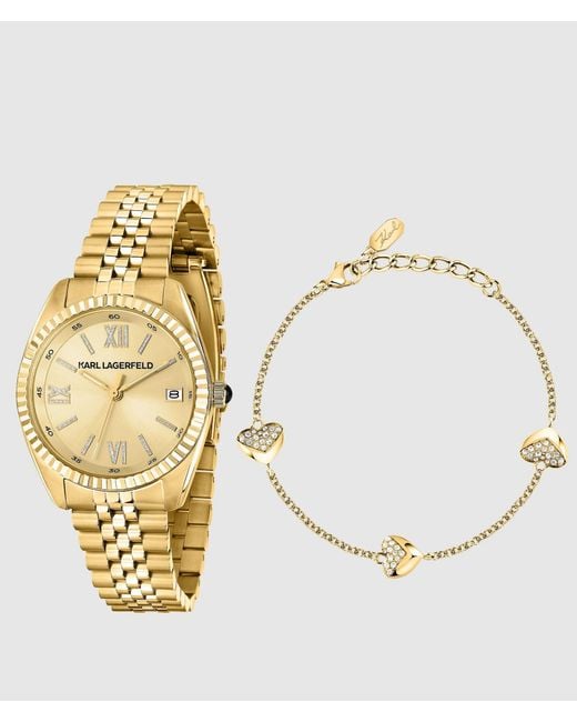 Karl Lagerfeld Metallic Round Logo Watch And Heart Charm Bracelet Set