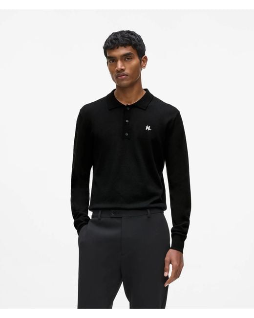 Karl Lagerfeld Black Merino Wool Long-Sleeved Polo Shirt for men