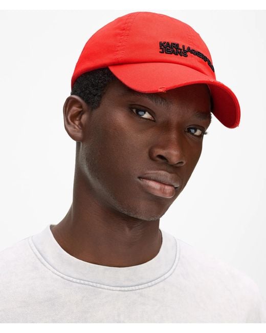 KL Jeans Red Distressed Logo Cap for men