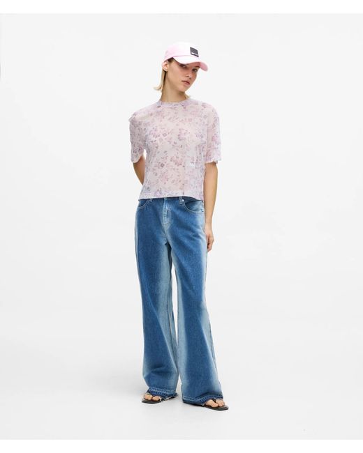 KL Jeans White Short-Sleeved Floral Mesh T-Shirt