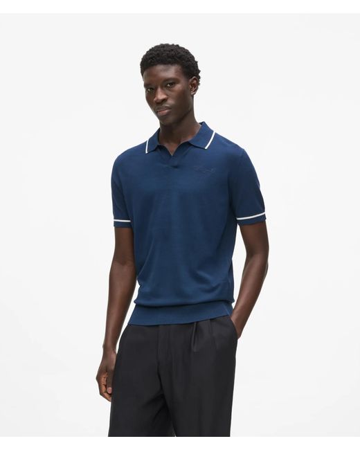 Karl Lagerfeld Blue Contrast Piping Knit Polo Shirt for men