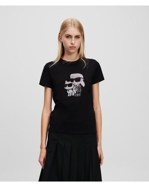 Karl Lagerfeld Black Ikon Karl & Choupette Rhinestone T-Shirt