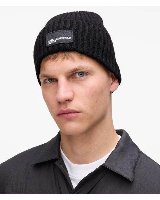 KL Jeans Black Logo Patch Beanie for men