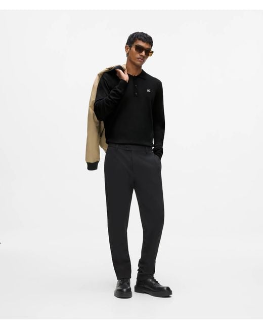 Karl Lagerfeld Black Merino Wool Long-Sleeved Polo Shirt for men
