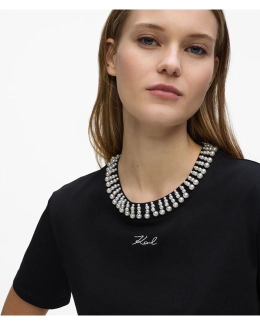 Karl Lagerfeld Black Faux-Pearl Neck T-Shirt
