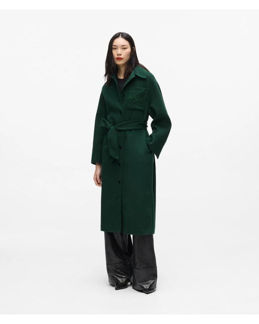Karl Lagerfeld Green Belted Long Wool-Blend Coat