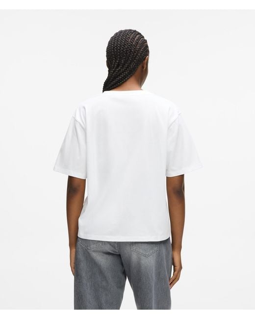 Karl Lagerfeld White T-Shirt Mit V-Ausschnitt Und Signature-Saum, Damen, Größe